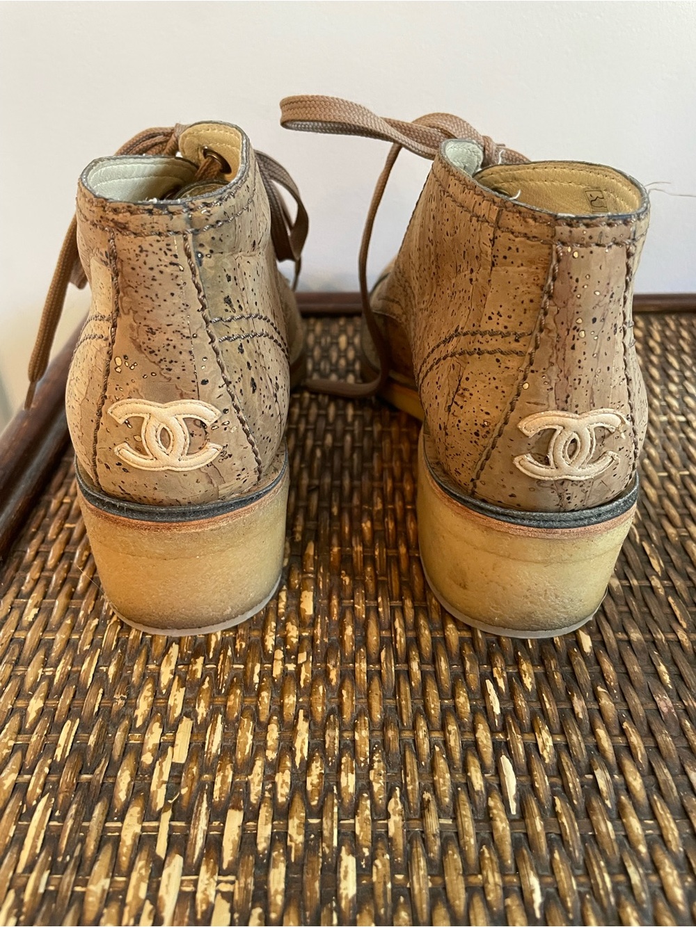 CHANEL Tan Cork Lace-Up Ankle Boots